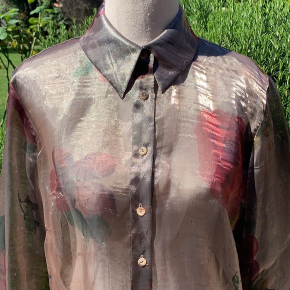 ELLEN TRACY | Sheer floral long sleeve button through blouse - Picture 2 of 6